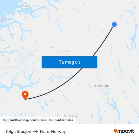 Tolga Stasjon to Flam, Norway map