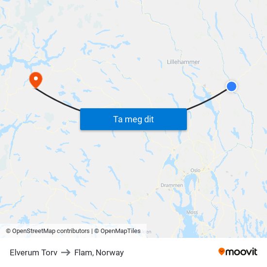 Elverum Torv to Flam, Norway map