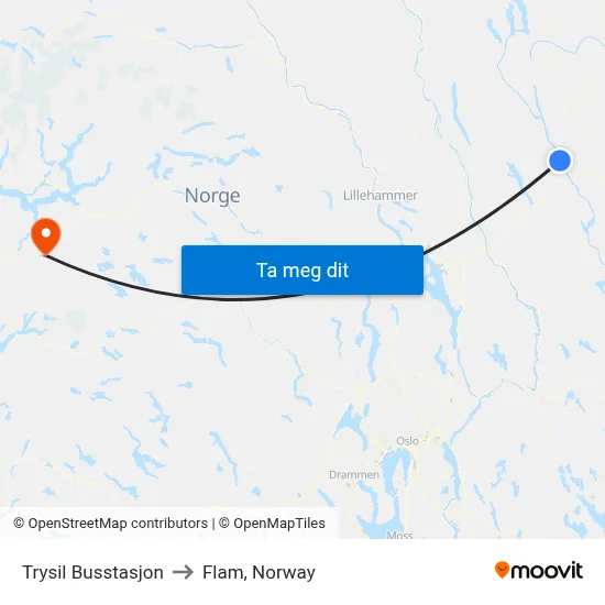 Trysil Busstasjon to Flam, Norway map