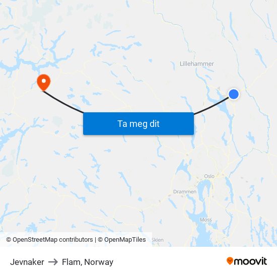 Jevnaker to Flam, Norway map