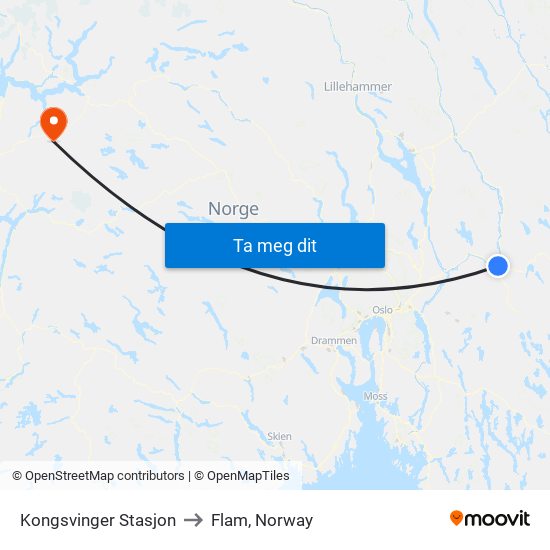 Kongsvinger Stasjon to Flam, Norway map