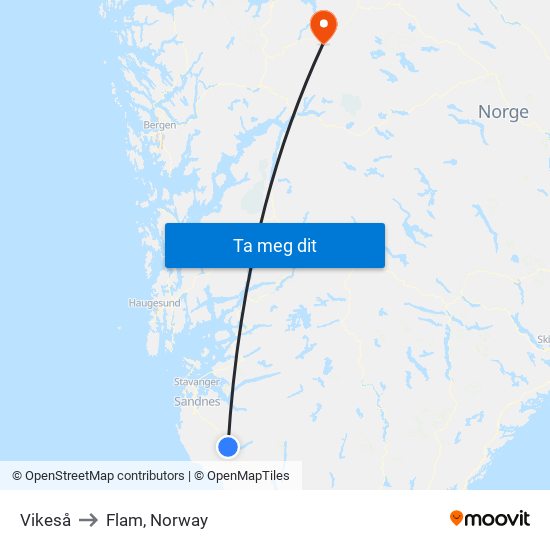 Vikeså to Flam, Norway map