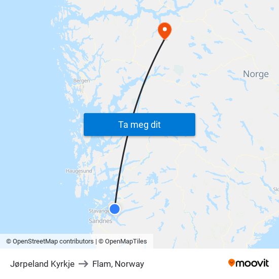 Jørpeland Kyrkje to Flam, Norway map