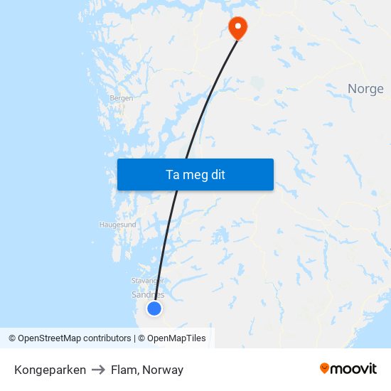 Kongeparken to Flam, Norway map