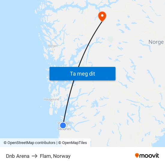 Dnb Arena to Flam, Norway map