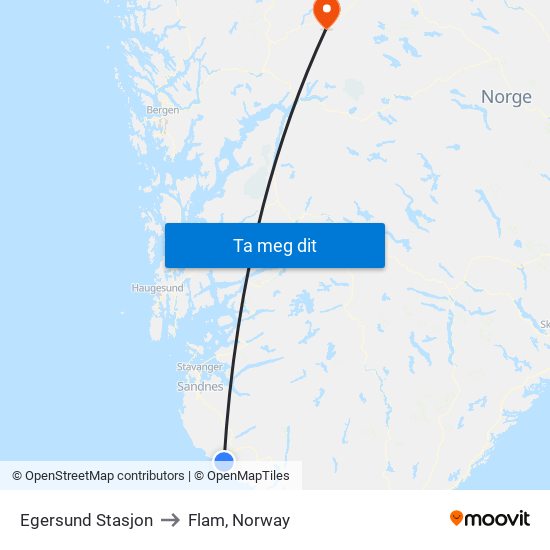 Egersund Stasjon to Flam, Norway map