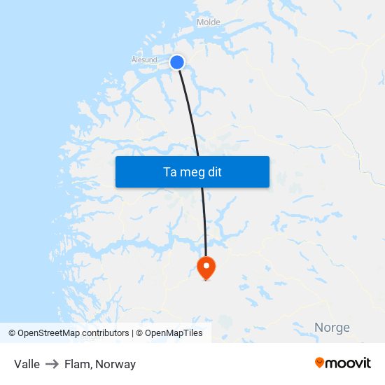Valle to Flam, Norway map