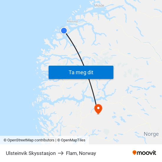 Ulsteinvik Skysstasjon to Flam, Norway map