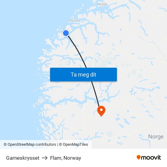 Garneskrysset to Flam, Norway map