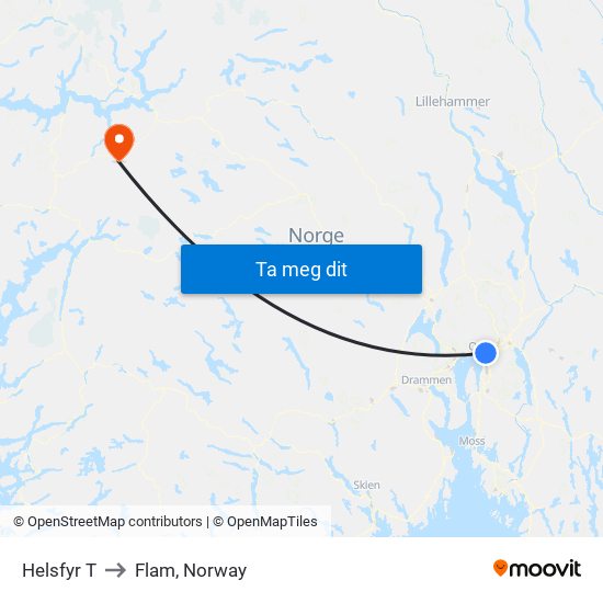 Helsfyr T to Flam, Norway map