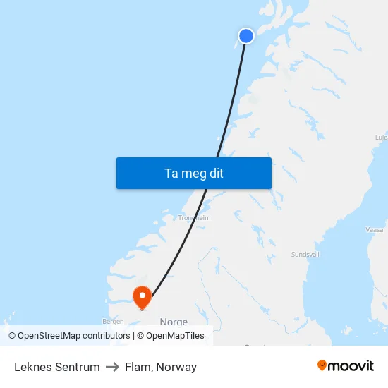 Leknes Sentrum to Flam, Norway map