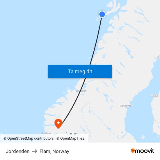 Jordenden to Flam, Norway map