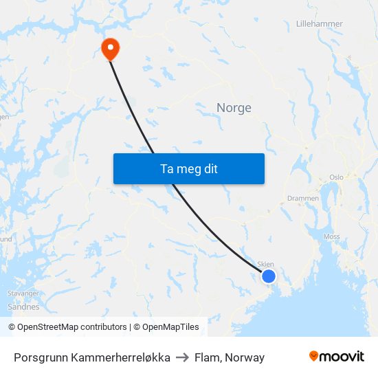 Porsgrunn Kammerherreløkka to Flam, Norway map
