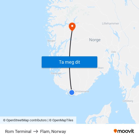 Rom Terminal to Flam, Norway map