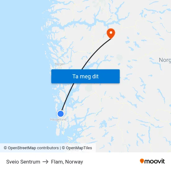 Sveio Sentrum to Flam, Norway map