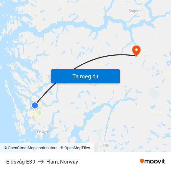 Eidsvåg E39 to Flam, Norway map