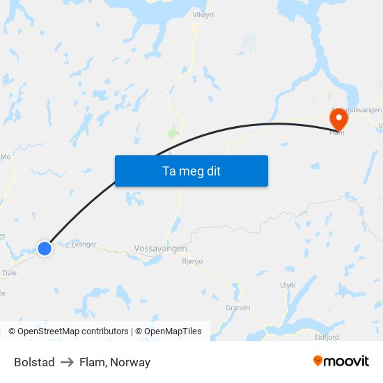 Bolstad to Flam, Norway map