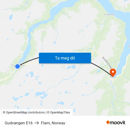 Gudvangen E16 to Flam, Norway map