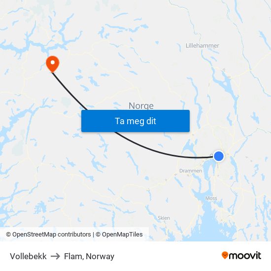 Vollebekk to Flam, Norway map