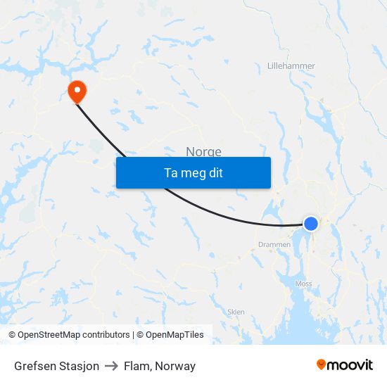 Grefsen Stasjon to Flam, Norway map