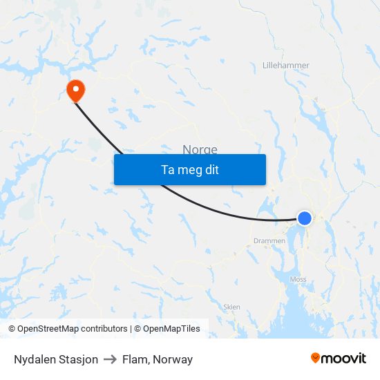 Nydalen Stasjon to Flam, Norway map