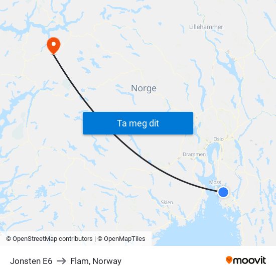 Jonsten E6 to Flam, Norway map