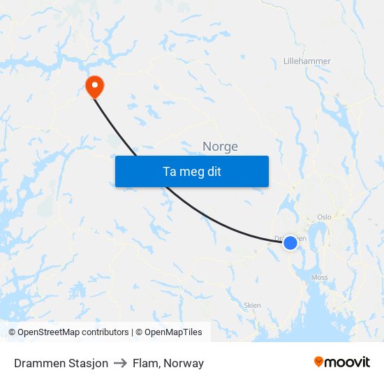 Drammen Stasjon to Flam, Norway map