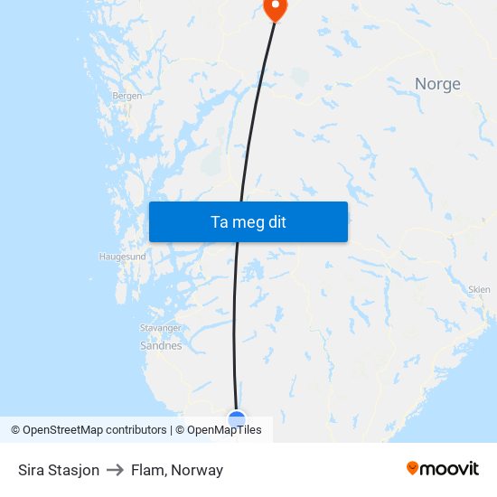 Sira Stasjon to Flam, Norway map