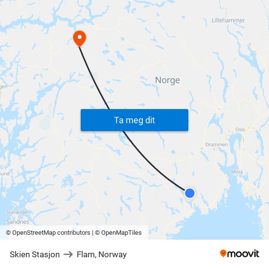 Skien Stasjon to Flam, Norway map