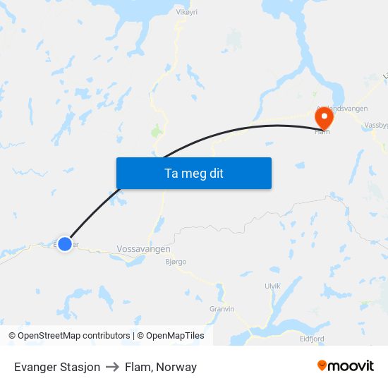 Evanger Stasjon to Flam, Norway map