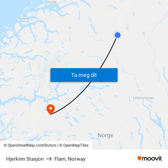 Hjerkinn Stasjon to Flam, Norway map