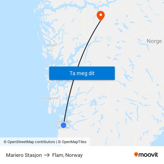 Mariero Stasjon to Flam, Norway map