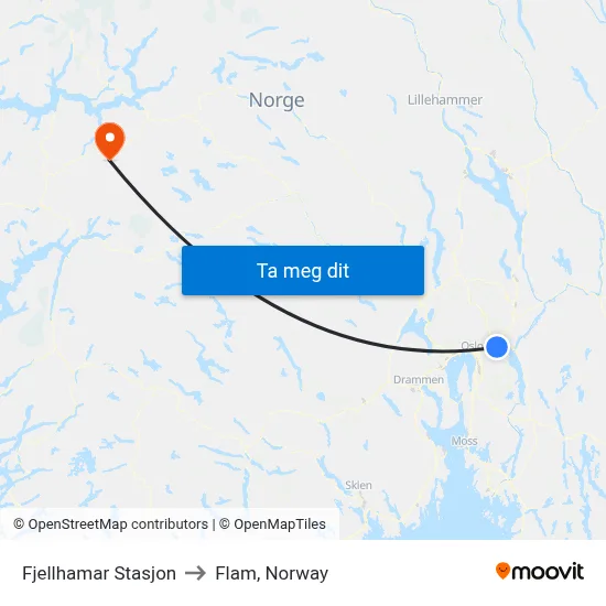 Fjellhamar Stasjon to Flam, Norway map