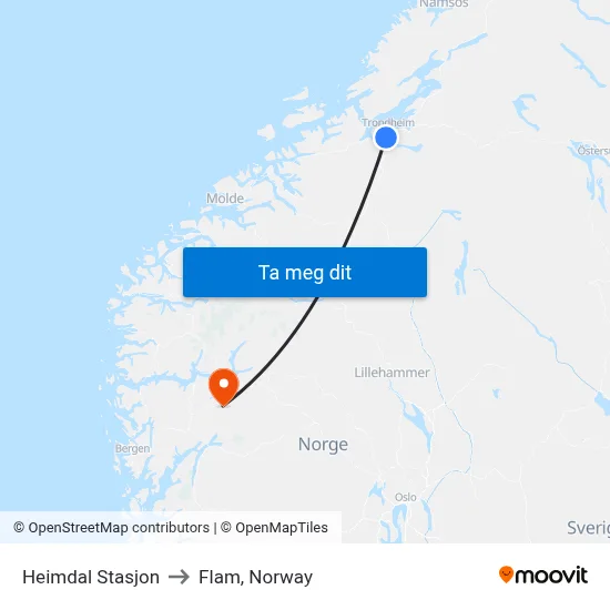 Heimdal Stasjon to Flam, Norway map