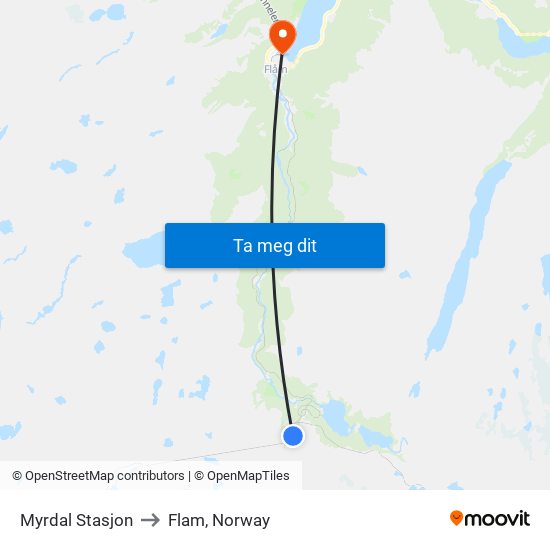 Myrdal Stasjon to Flam, Norway map