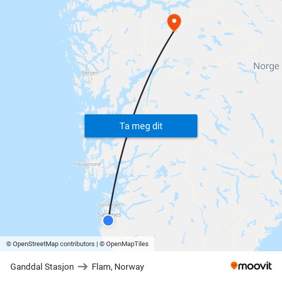 Ganddal Stasjon to Flam, Norway map