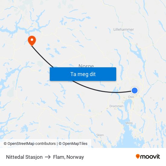 Nittedal Stasjon to Flam, Norway map