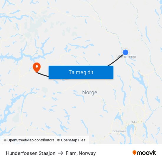 Hunderfossen Stasjon to Flam, Norway map