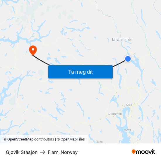 Gjøvik Stasjon to Flam, Norway map