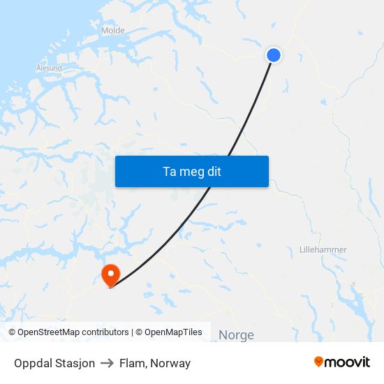 Oppdal Stasjon to Flam, Norway map