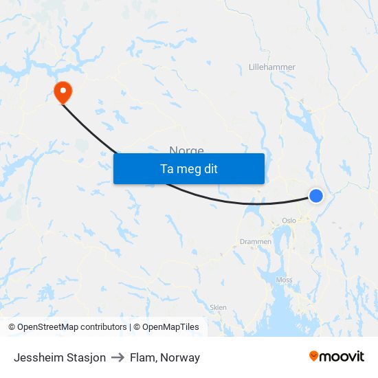 Jessheim Stasjon to Flam, Norway map