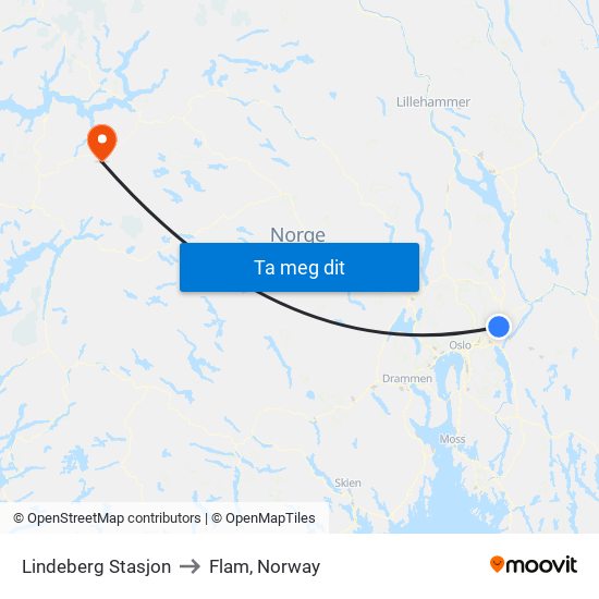 Lindeberg Stasjon to Flam, Norway map