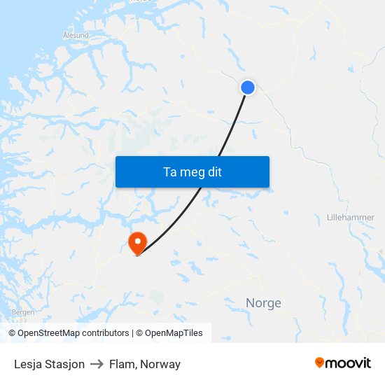 Lesja Stasjon to Flam, Norway map