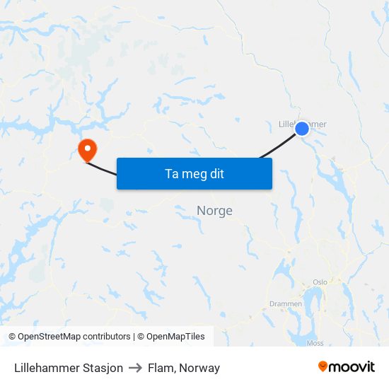 Lillehammer Stasjon to Flam, Norway map