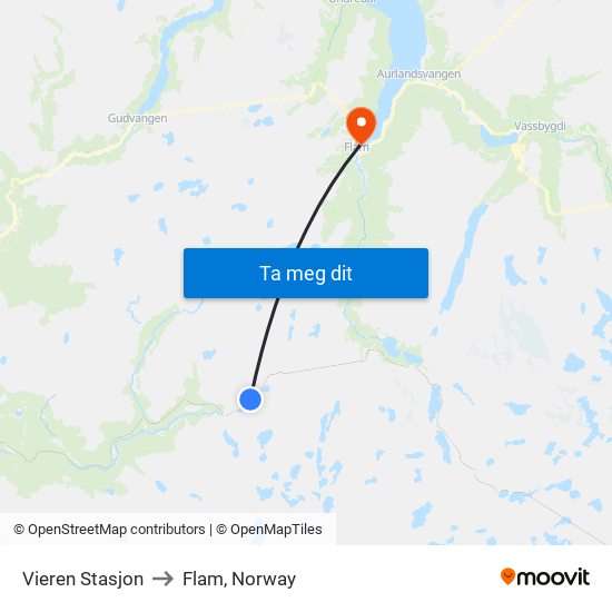 Vieren Stasjon to Flam, Norway map