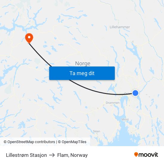 Lillestrøm Stasjon to Flam, Norway map