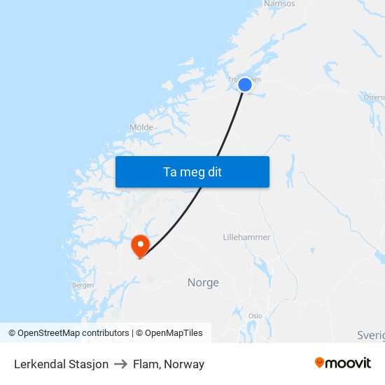 Lerkendal Stasjon to Flam, Norway map