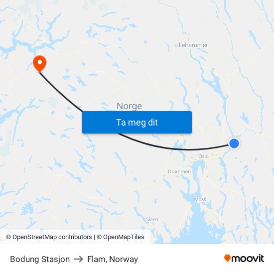 Bodung Stasjon to Flam, Norway map