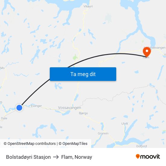 Bolstadøyri Stasjon to Flam, Norway map