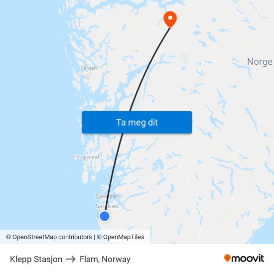 Klepp Stasjon to Flam, Norway map